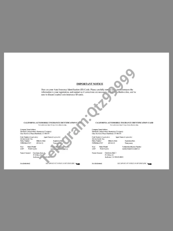 USA California Automobile Insurance ID Card美国加州汽车保险ID卡pdf模板
