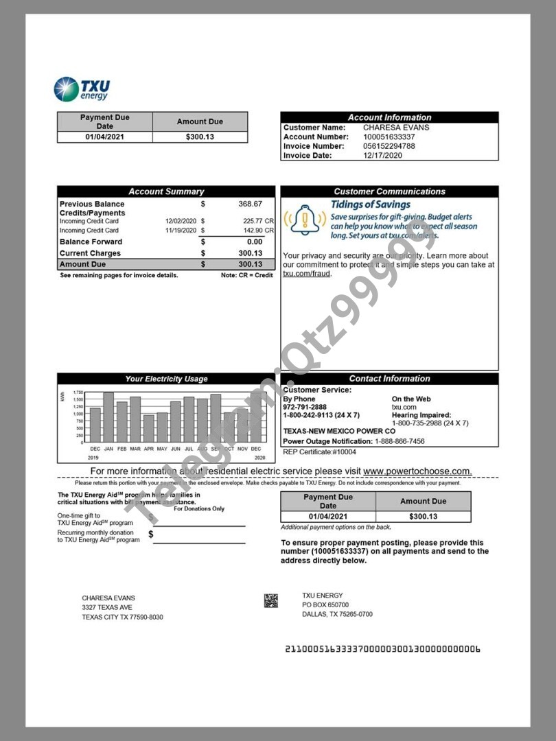 USA Texas TXU Energy Utility Bills美国德克萨斯州水电费账单word/pdf模板 高清原件/PDF/PSD下载 - 地址证明风控解除
