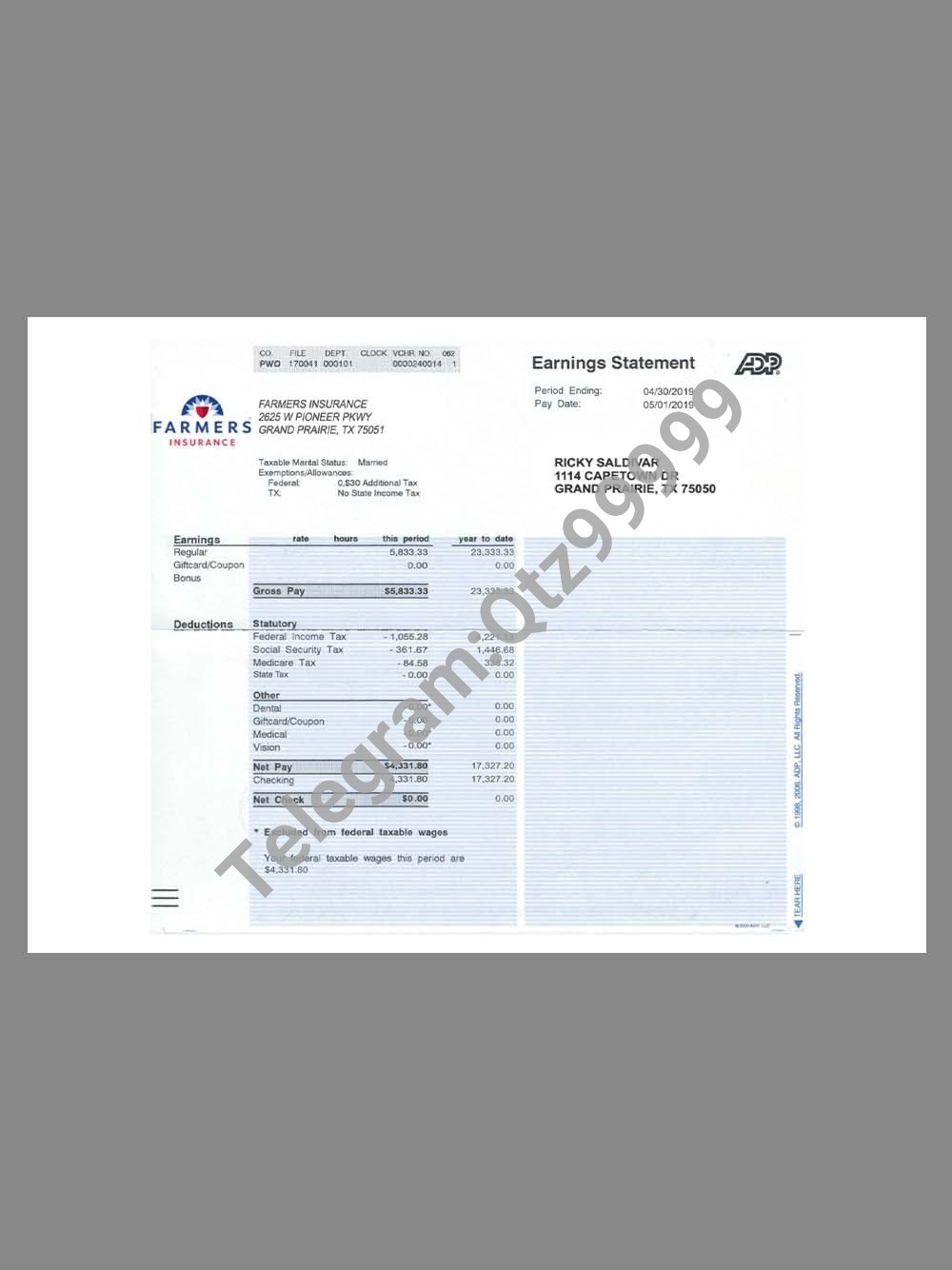 Farmers Insurance Paystub template保险公司收入证明/工资账单PDF模板