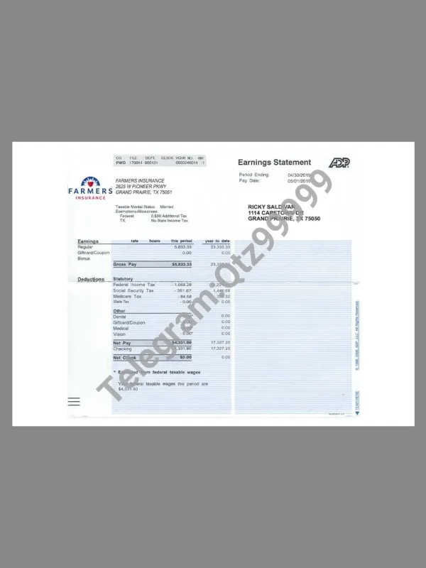 Farmers Insurance Paystub template保险公司收入证明/工资账单PDF模板