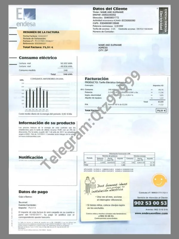 南美|西语|智利Chile Endesa Utility Bills水电费账单/KYC地址证明psd模板