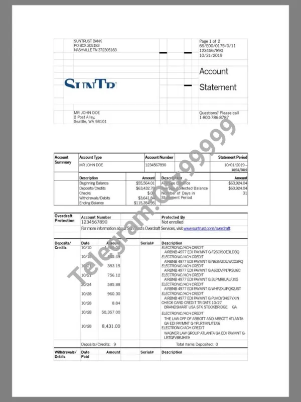 美国SunTrust Bank Statement银行账单/KYC地址证明word模板