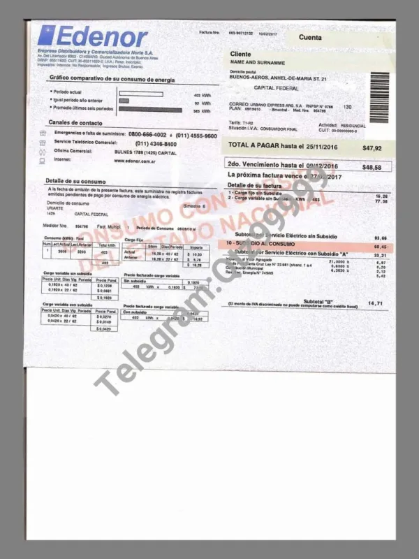 南美|Argentina阿根廷Edenor Utility Bills水电费账单/KYC地址证明psd模板