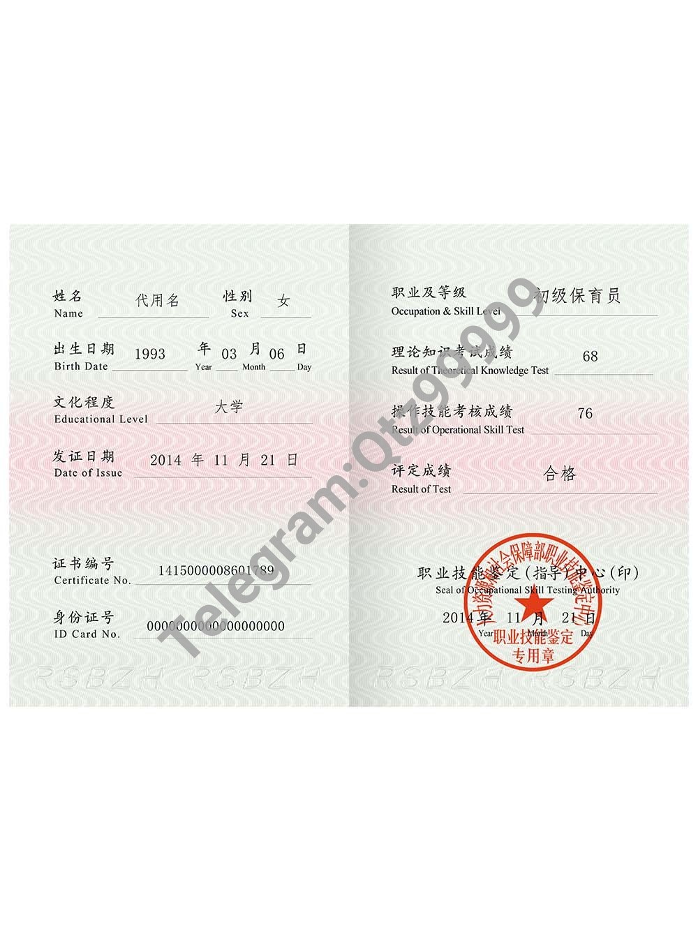 China Caregiver Professional Qualification Certificate保育员职业资格证书PS/PSD模板 高清原件/PDF/PSD下载 - 地址证明风控解除