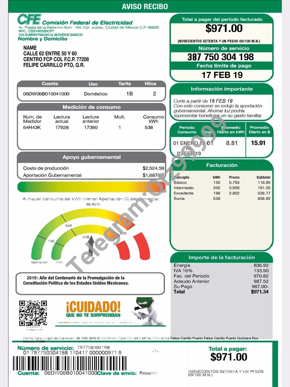 北美|Mexico CFE Power Utility Bills墨西哥水电费账单/地址证明PS/PSD模板