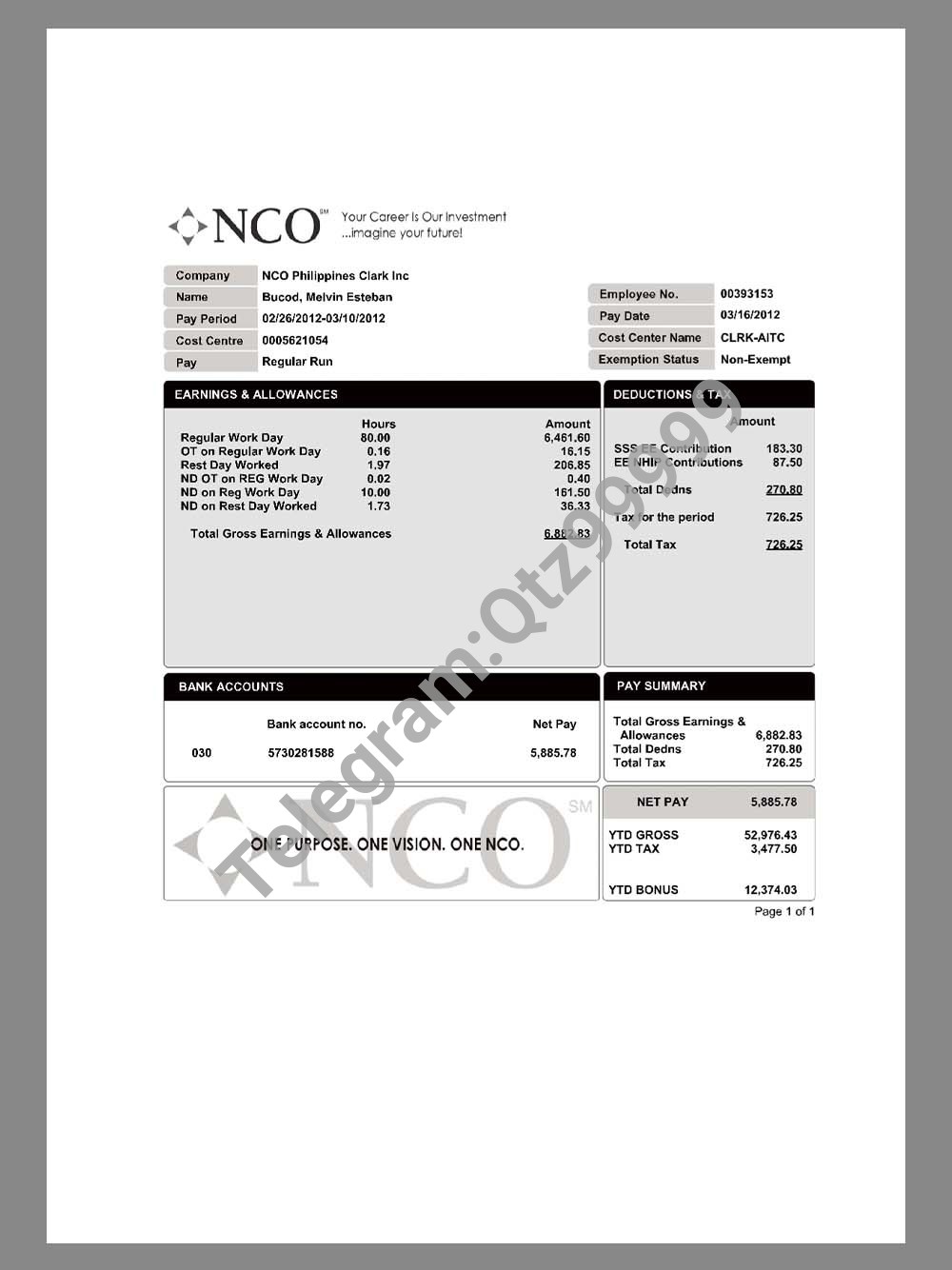 NCO Paystub template客服外包公司收入证明/工资账单PDF模板