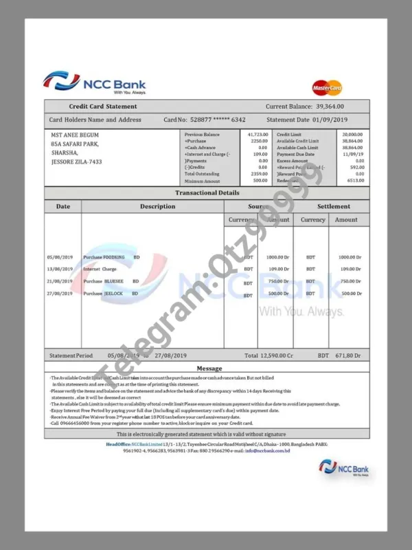 孟加拉Bangladesh NCC BANK Statement银行账单/KYC地址证明word模板