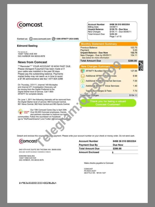 美国USA Comcast Payment Bills KYC地址证明psd模板