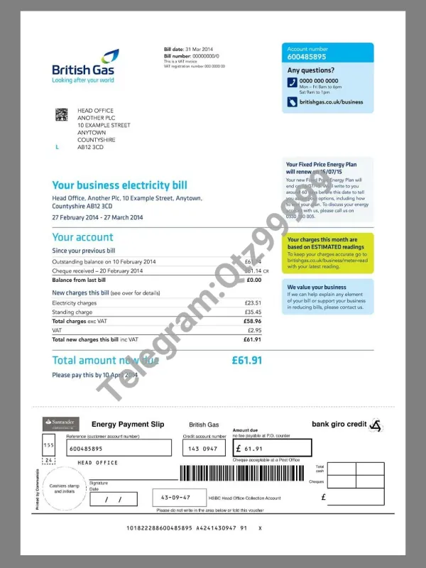 UK British Gas Company Business Utility Bills英国公司水电费账单pdf模板
