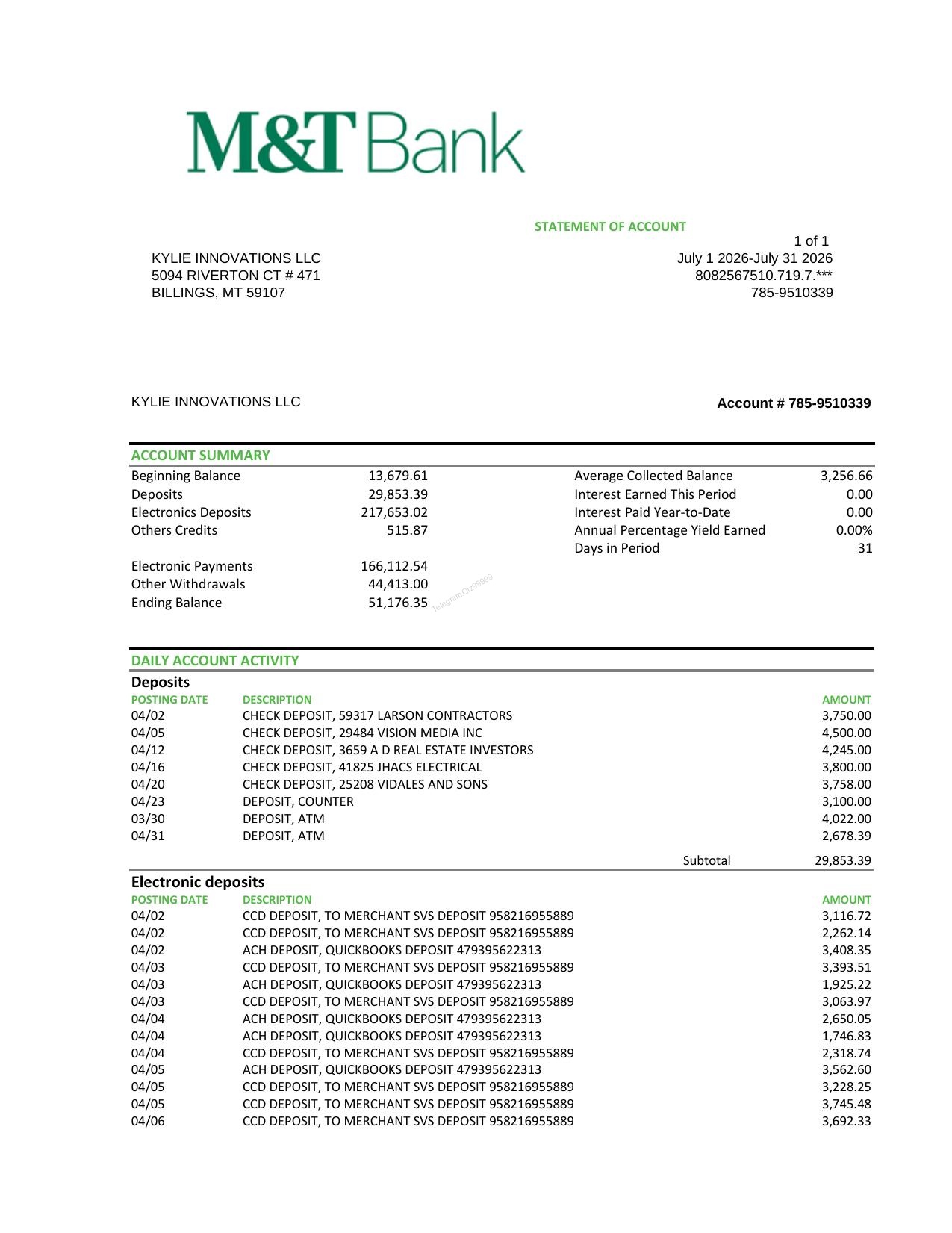 USA | 美国 M&T Bank 企业对账单 (Bank Statement) PSD/PDF 高清模板下载 – KYLIE INNOVATIONS LLC