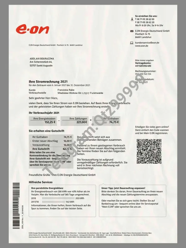 欧盟|Germany E.ON Electricity Bills德国水电费账单PS/PSD模板（V2）