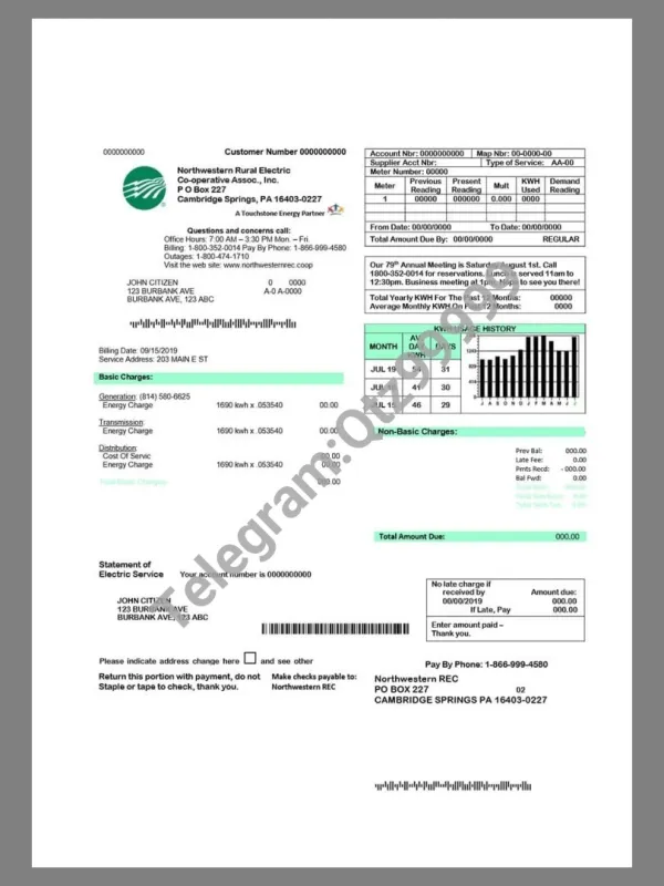 美国USA Pennsylvania Northwestern Rural Electricity Utility Bills水电费账单/KYC地址证明pdf/word模板