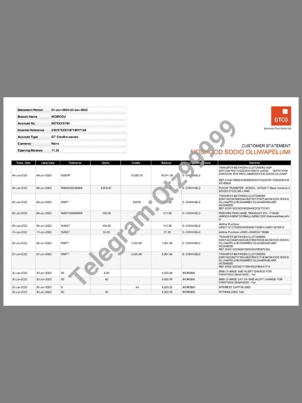 Nigeria GTCO Bank Business Statement尼日利亚公司银行账单pdf模板