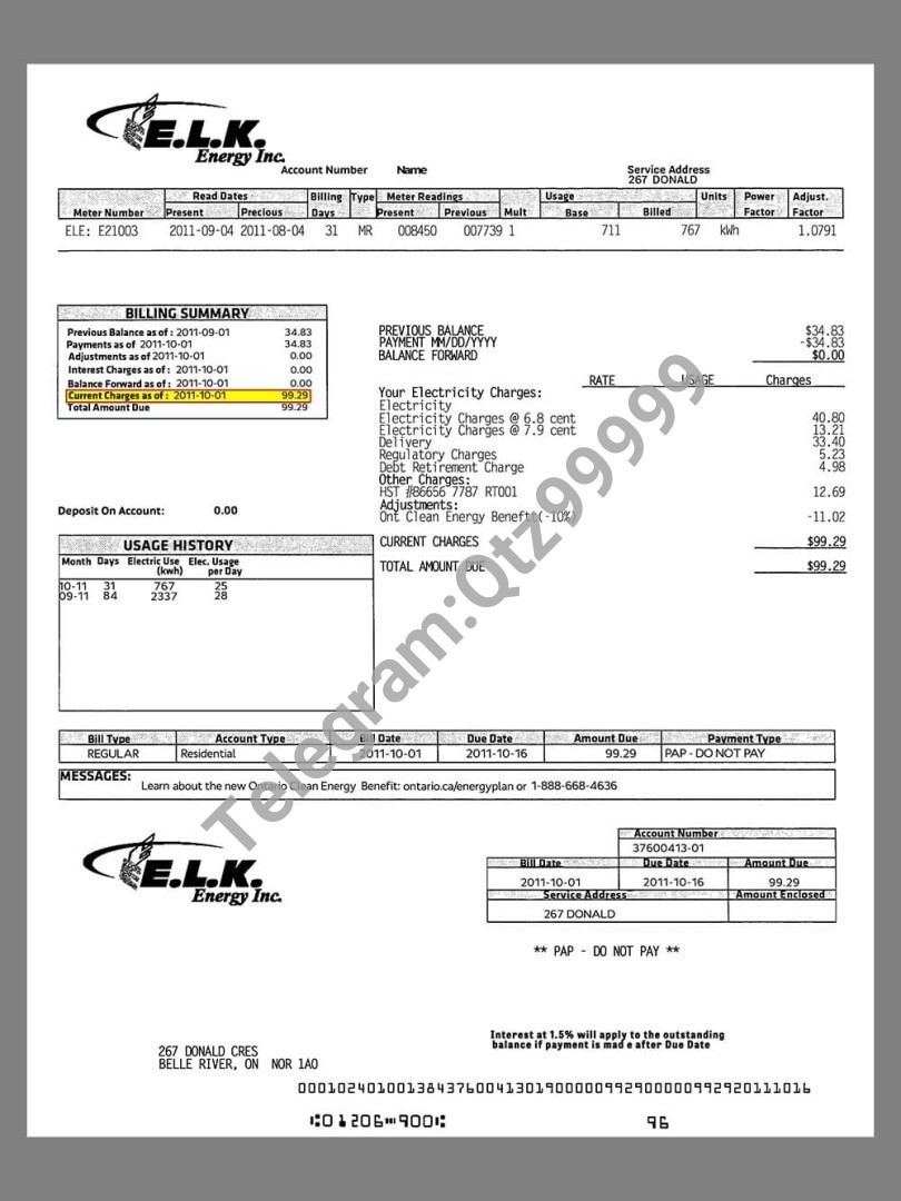 北美|加拿大Canada ELK Energy Utility Bills水电费账单/KYC地址证明psd模板