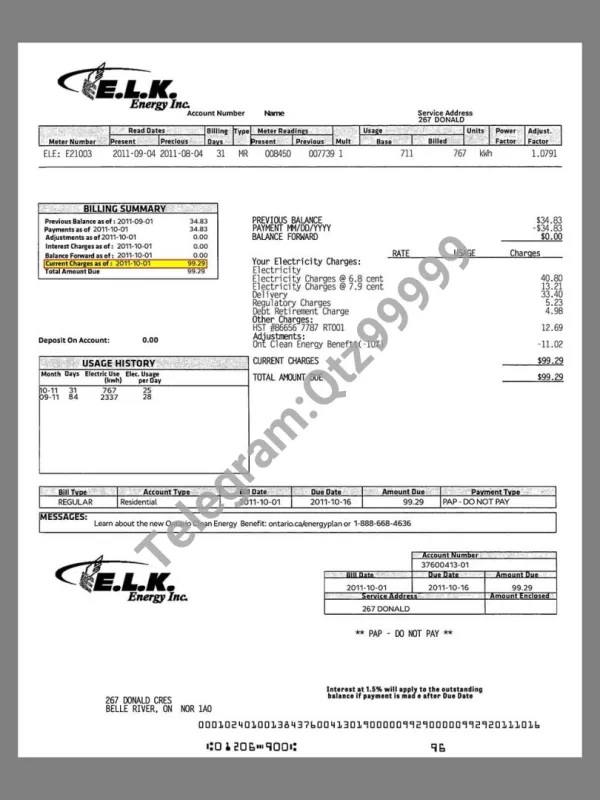 北美|加拿大Canada ELK Energy Utility Bills水电费账单/KYC地址证明psd模板