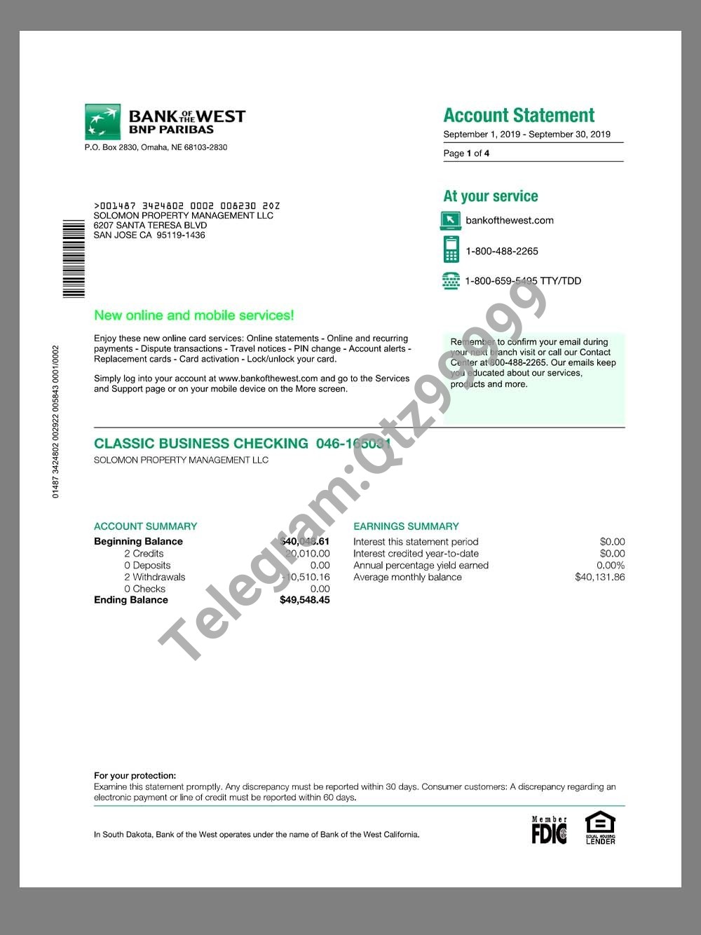 USA Bank of the West Statement美国西部银行账单/KYC地址证明pdf模板 高清原件/PDF/PSD下载 - 地址证明风控解除