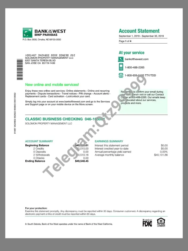 USA Bank of the West Statement美国西部银行账单/KYC地址证明pdf模板