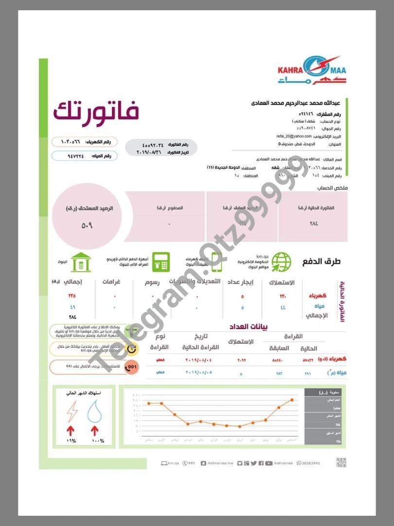 中东|卡塔尔Qatar Power Company Utility Bills水电费账单/KYC地址证明pdf模板 V1 高清原件/PDF/PSD下载 - 地址证明风控解除