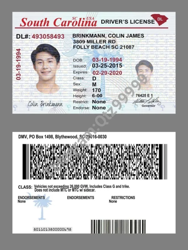 美国|South Carolina南卡罗来纳州驾照/驾驶证PSD/Photoshop/PS模板(打印版) V1