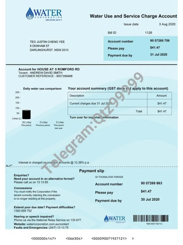 澳洲|Australia Water Corporation Utility Bills澳大利亚水电费账单word/pdf模板