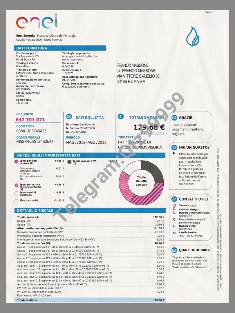 欧盟|Italy Enel Utility Bills意大利电力公司水电费账单PSD/PS模板 高清原件/PDF/PSD下载 - 地址证明风控解除