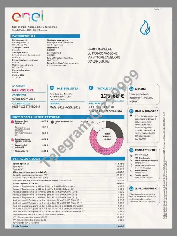 欧盟|Italy Enel Utility Bills意大利电力公司水电费账单PSD/PS模板