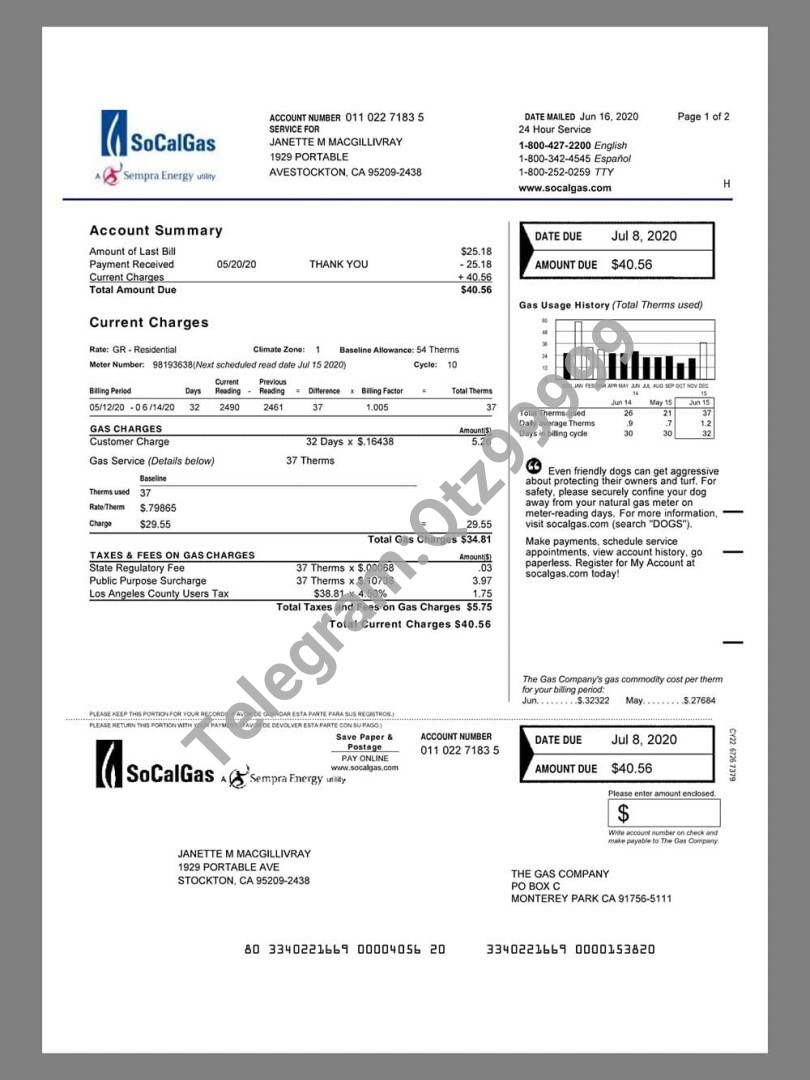 美国USA California SoCalGas Utility Bills水电费账单/KYC地址证明pdf模板 高清原件/PDF/PSD下载 - 地址证明风控解除