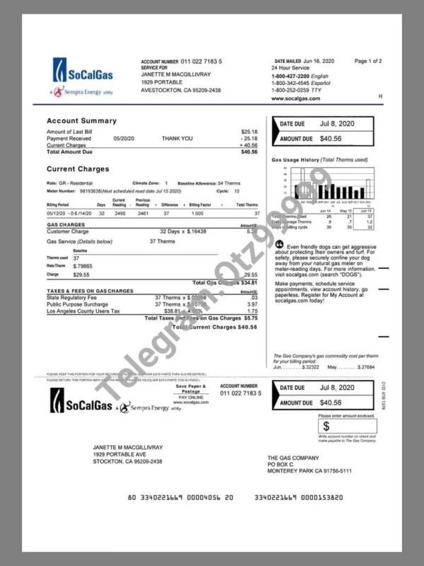 美国USA California SoCalGas Utility Bills水电费账单/KYC地址证明pdf模板
