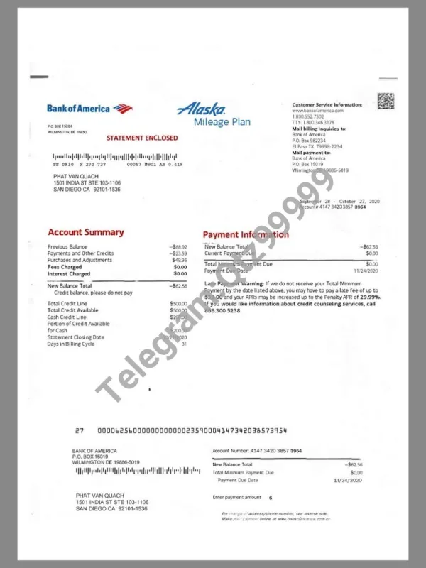 Bank Of America Statement V2美国银行账单/KYC地址证明pdf模板