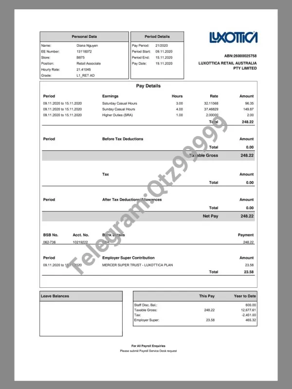 Luxottica Paystub template眼镜公司收入证明/工资账单PDF模板