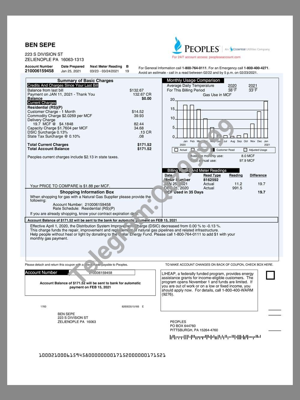 USA Pennsylvania Peoples Gas Utility Bill美国宾夕法尼亚水电费账单pdf&word模板 高清原件/PDF/PSD下载 - 地址证明风控解除
