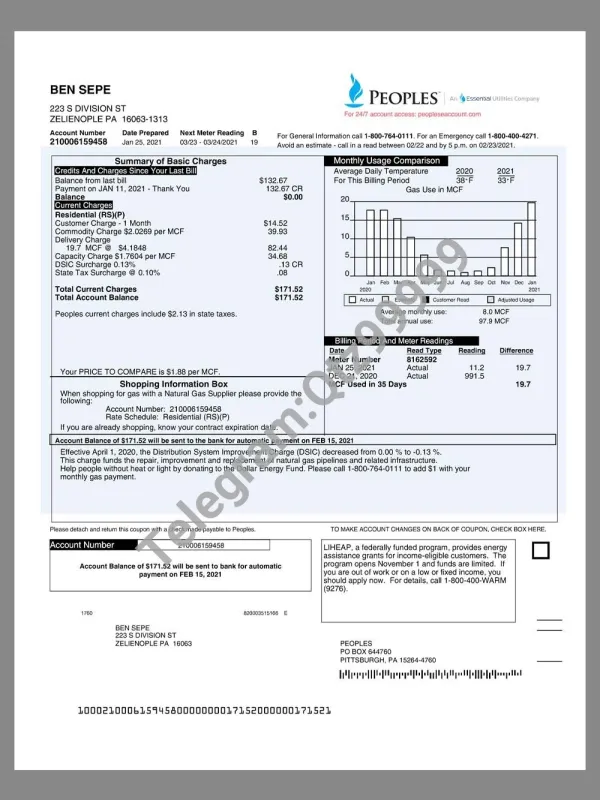 USA Pennsylvania Peoples Gas Utility Bill美国宾夕法尼亚水电费账单pdf&word模板