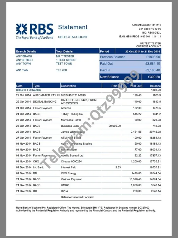 欧洲|英国RBS Bank Statement银行账单/KYC地址证明word模板