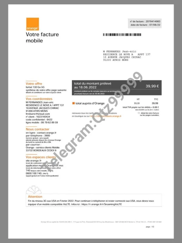 欧盟|France Orange Mobile Utility Bills法国话费账单/水电费账单pdf模板