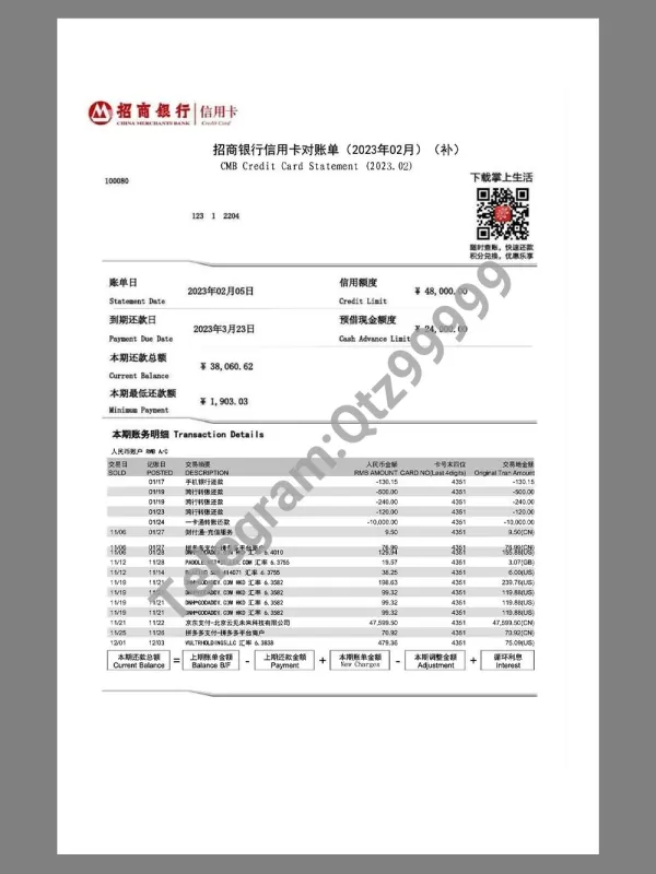 中国|China CMB Credit Card Statement招商银行信用卡账单pdf模板