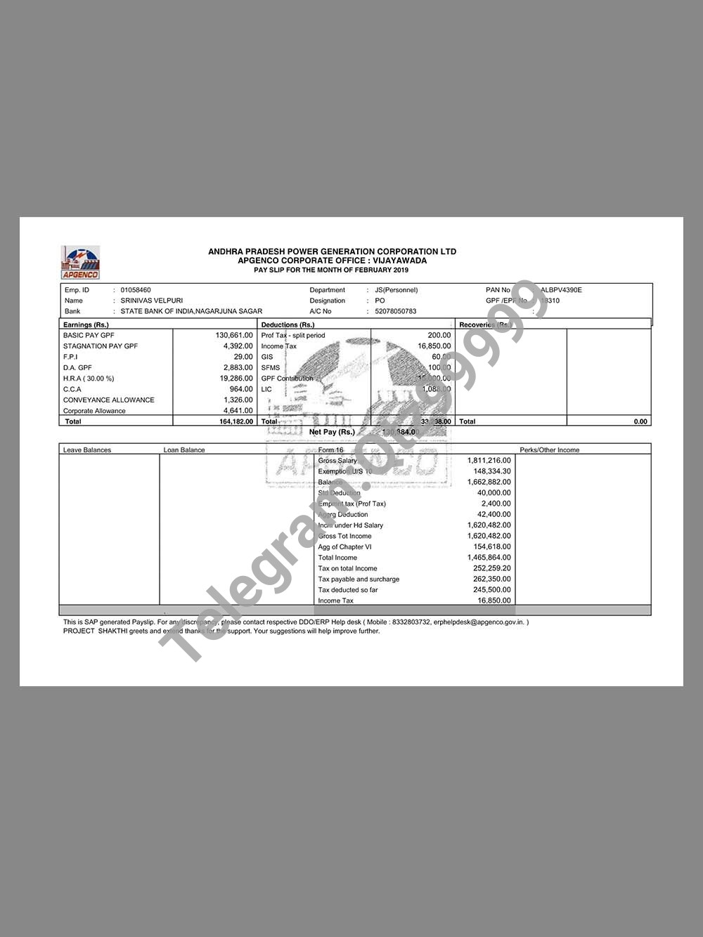 India APGENCO Paystub template印度电力公司收入证明/工资账单PDF模板 高清原件/PDF/PSD下载 - 地址证明风控解除
