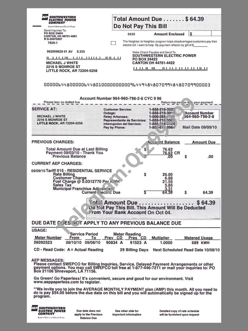美国USA Arkansas Southwestern Electric Power Utility Bills水电费账单/KYC地址证明psd模板 高清原件/PDF/PSD下载 - 地址证明风控解除