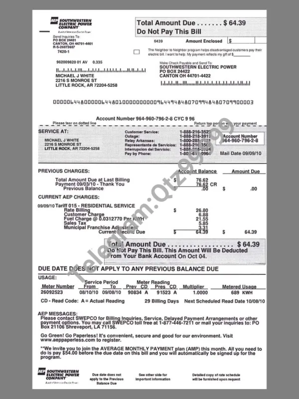 美国USA Arkansas Southwestern Electric Power Utility Bills水电费账单/KYC地址证明psd模板