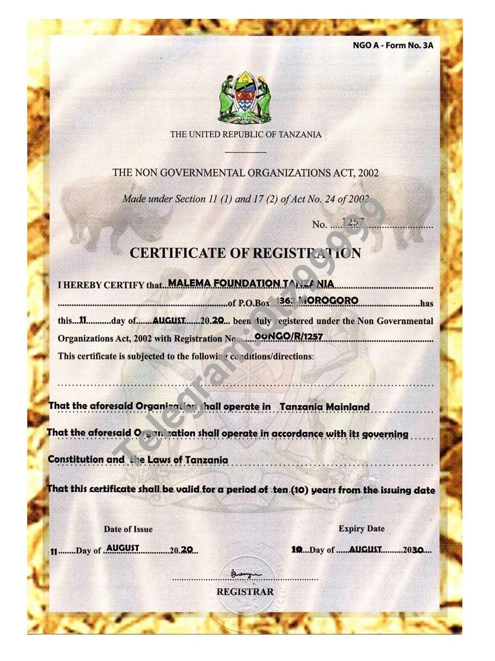 非洲|Tanzania Company Certificate Of Registration坦桑尼亚公司登记证pdf模板 高清原件/PDF/PSD下载 - 地址证明风控解除