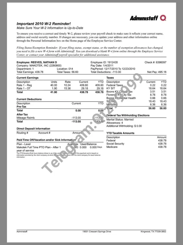 Administaff Paystub template人力资源公司收入证明/工资账单PDF模板