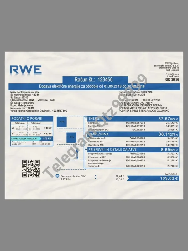 东欧|Slovenia RWE Electricity Utility Bills斯洛文尼亚水电费账单PS/PSD模板