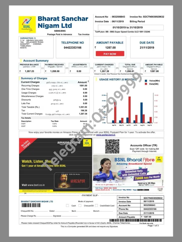 南亚|India BSNL Mobile Invoice印度国营通信话费账单/KYC地址证明pdf模板