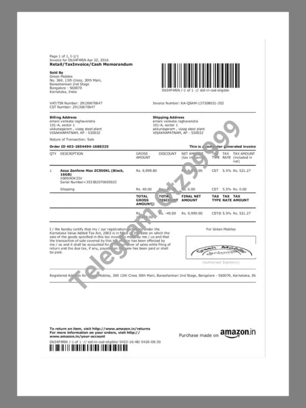 印度India Amazon Mobile话费水电费账单/KYC地址证明pdf模板