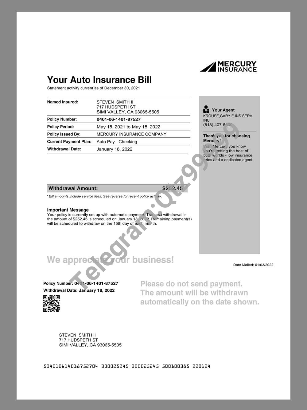 USA California Mercury Auto Insurance Bill美国水星车辆保险账单pdf模板