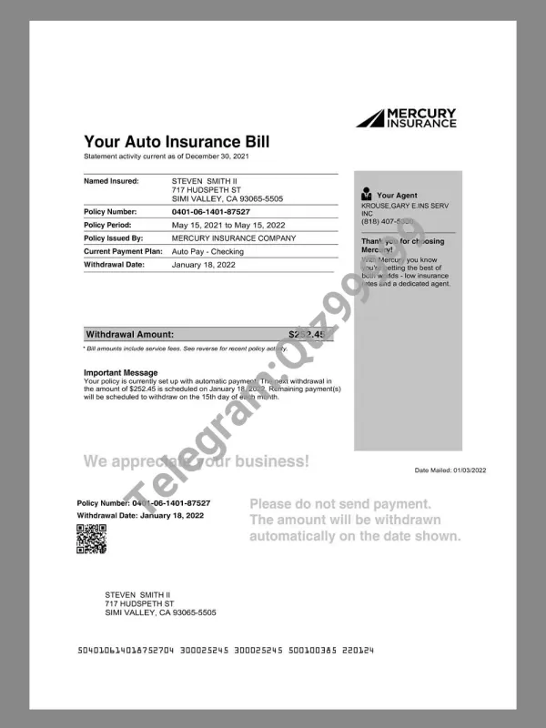 USA California Mercury Auto Insurance Bill美国水星车辆保险账单pdf模板