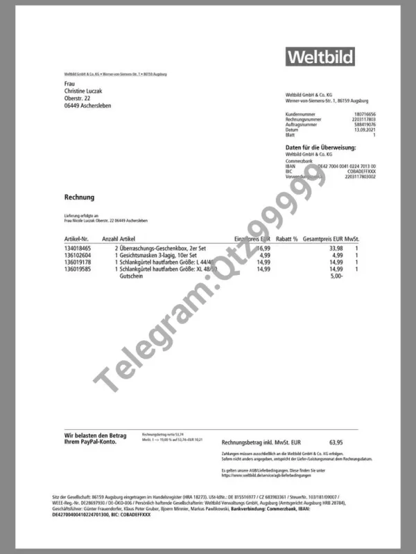 欧盟|Germany Weltbild Buy Invoice德国/奥地利购物账单/KYC地址证明pdf模板