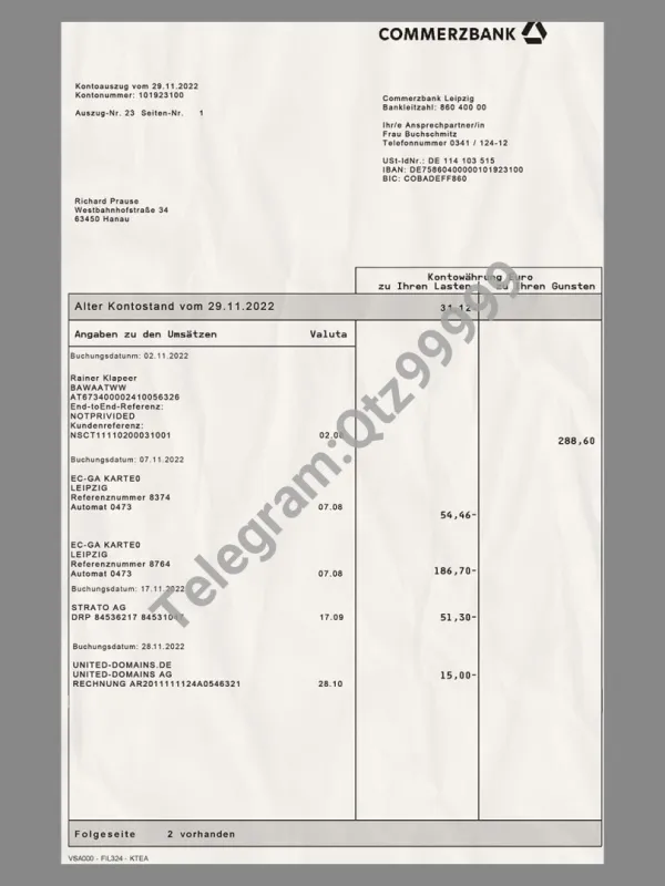 CommerzBank Statement德国商业银行账单/KYC地址证明psd/ps模板