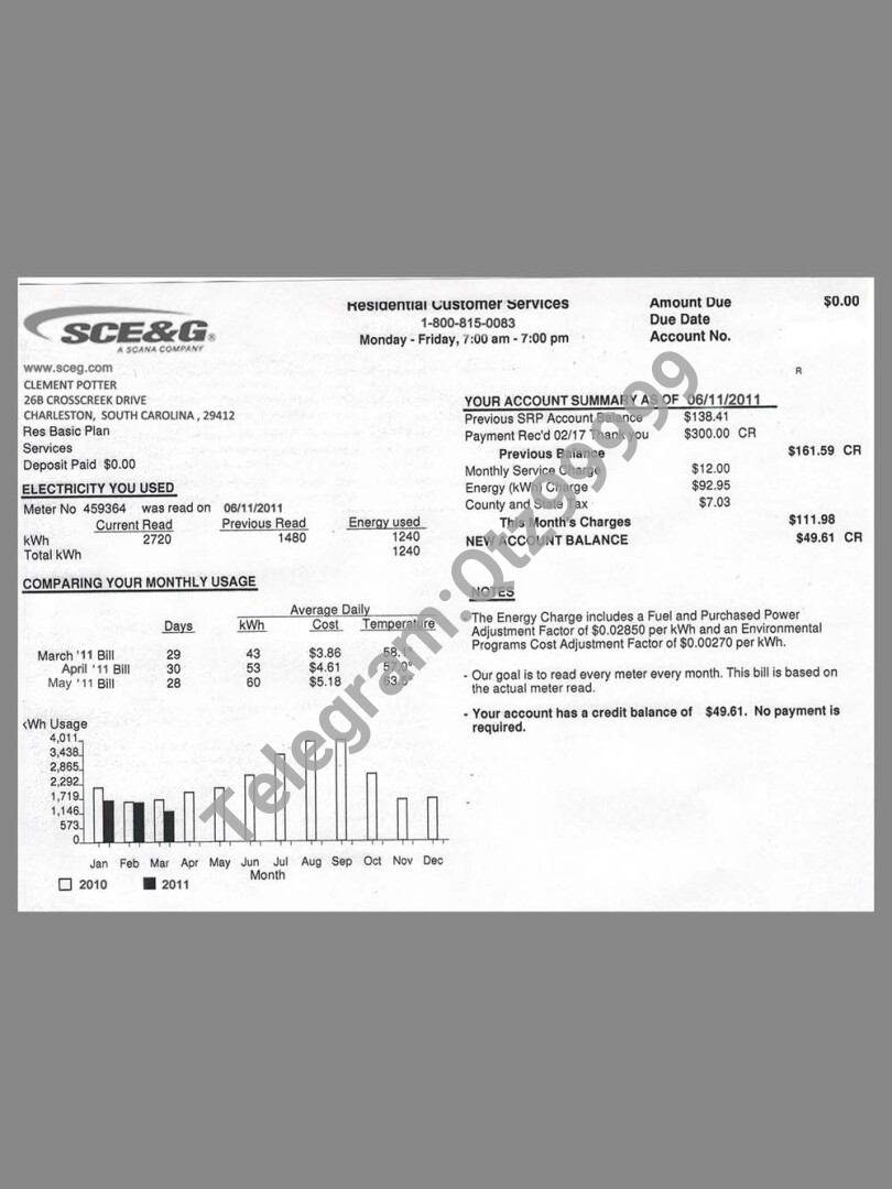 USA South Carolina SCE&G Utility Bills美国南卡罗来纳州水电费账单PS/PSD模板 高清原件/PDF/PSD下载 - 地址证明风控解除