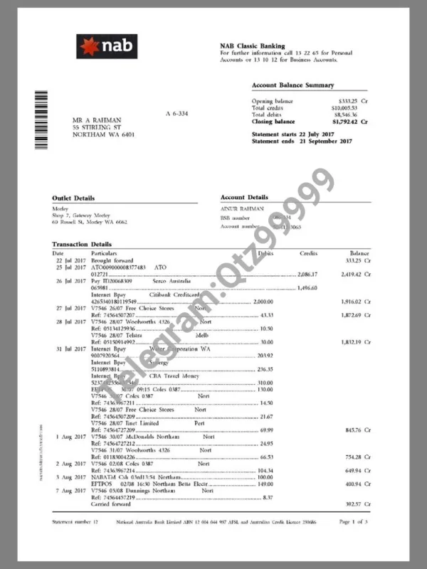 澳大利亚National Australia Bank Statement银行账单/KYC地址证明pdf模板