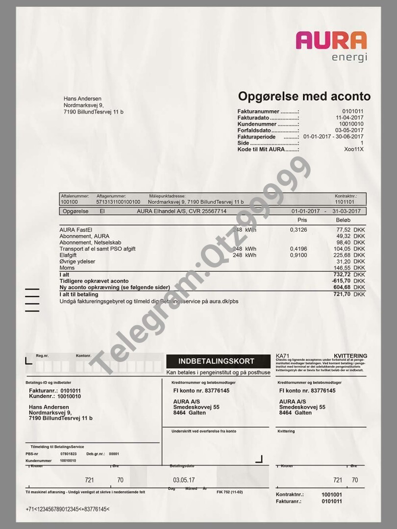 欧盟|Denmark AURA Energy Utility Bills丹麦水电费账单/KYC地址证明PSD/PS模板 高清原件/PDF/PSD下载 - 地址证明风控解除